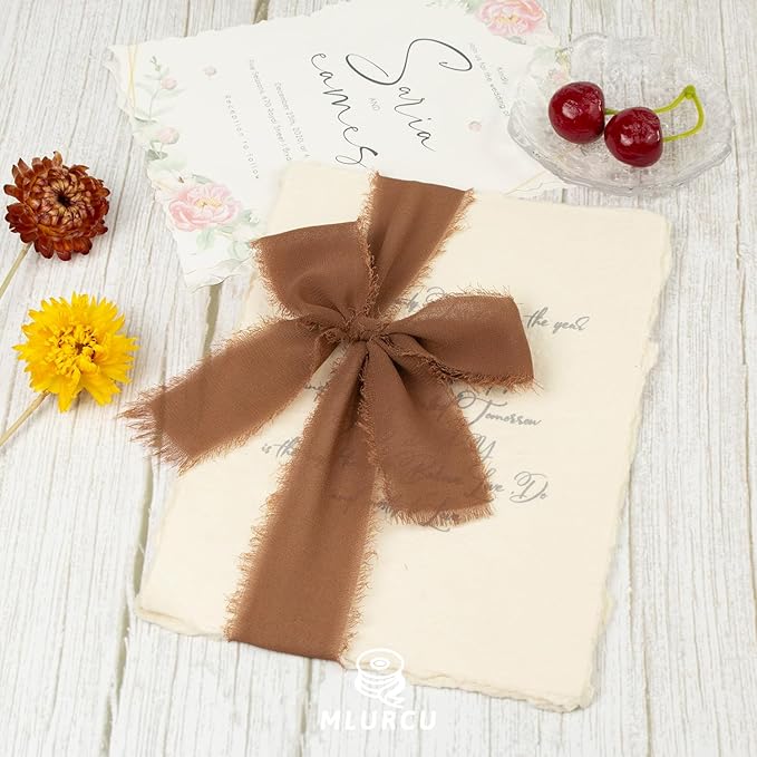 Brown Chiffon Ribbon - 1-1/2 Inch x 21 Yards, Handmade Fringe, Silk, Boho Frayed, Dark Brown, Gift Wrapping, Wedding Invitation, Bridal Flower Bouquets