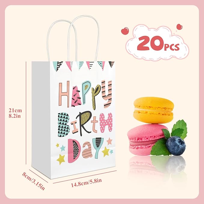 20Pcs Birthday Gift Bags with Handles, 8.2" x 5.8"x3.15" Happy Birthday Paper Favor Bags, Colorful Candle Balloon Cake Print Birthday Goodie Bags, Party Treat Candy Bags for Boys Girls Birthday Party Supplies