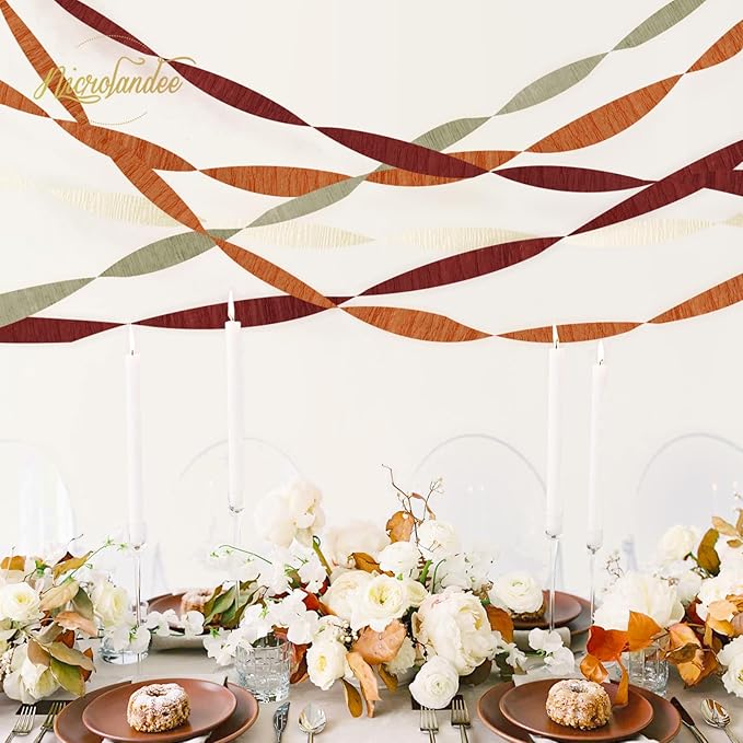 NICROLANDEE 8 Rolls Orange Burgundy Green Crepe Paper Streamers for Wedding, Birthday, Baby Shower, Bride Shower, Fall Decor, Garden Party, Woodsy Party Decorations
