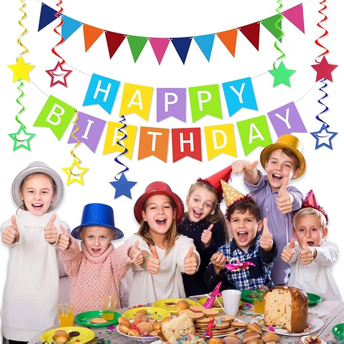 Colorful Happy Birthday Banner Rainbow Birthday Decorations, Rainbow Birthdays Banner Multicolor Triangle Flag Bunting Garland 8PCS Star Hanging Swirls Colorful Party Supplies for Girls Women Boys Men