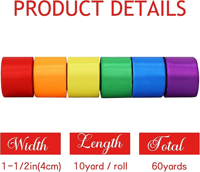 TONIFUL 1-1/2 Inch Rainbow Satin Ribbon 6 Rolls 60 Yards Assorted Ribbons for Gift Wrapping Craft Hair Bows Flower Bouquet Baby Shower Graduation Leis Birthday Christmas Wedding Party Decor(10Yd/Roll)
