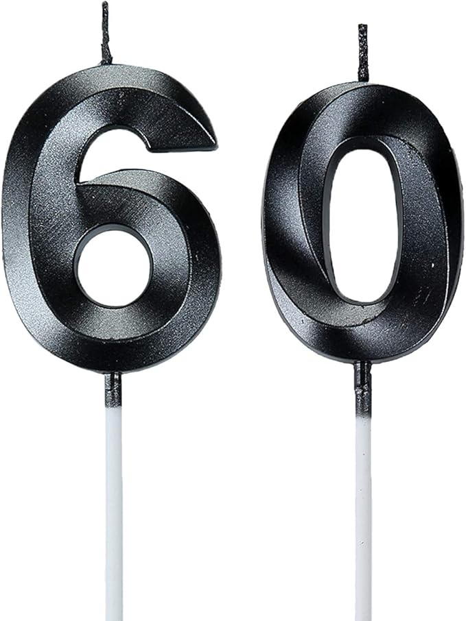 Bailym Black 60th Birthday Candles, Number 60 Cake Topper for Birthday Decorations Party Decoration
