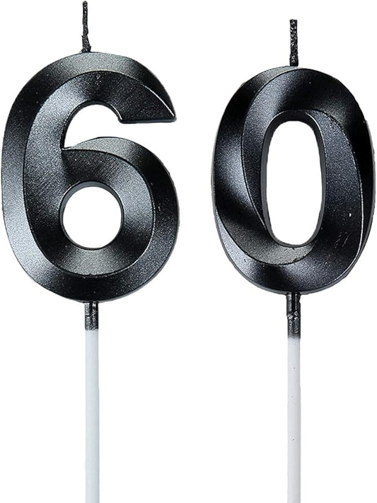 Bailym Black 60th Birthday Candles, Number 60 Cake Topper for Birthday Decorations Party Decoration