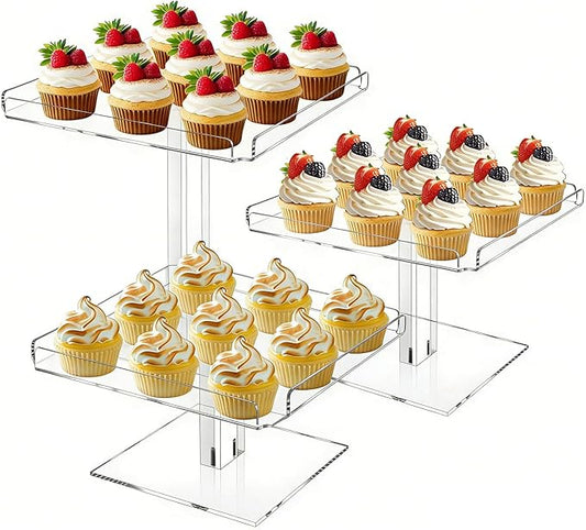 3 Tiered Serving Tray Set for Entertaining, 9" Acrylic Dessert Stands, Cupcake Stand Buffet Risers for Wedding Birthday Party Baby Shower
