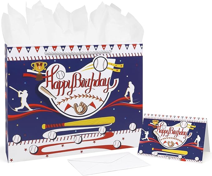 Oletx Baseball Party Favor Gift Bags, Large Baseball Gift Wrap Bags with Tissue Paper for Sports Party, Happy Birthday Baseball Bags,Goodie Treat Wrapping Bags for Boys Men or Team Supplies