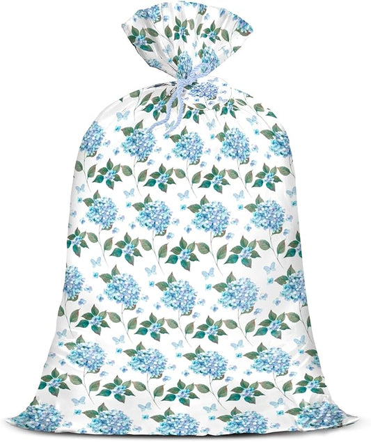 WRAPAHOLIC 56" Large Hydrangea Floral Plastic Gift Bag - Blue Hydrangea Flower Jumbo Bike Bag Gift Wrap for Wedding, Birthday, Bridal Shower, Tea Party - 56" H x 36" W