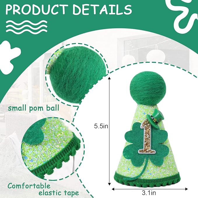 St Patrick's Day 1st Birthday Hat - Boys Girls First Birthday Party Decorations,Green Shamrock Birthday Crown Outfit