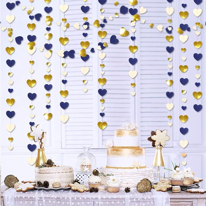52Ft Valentines Day Party Decorations Navy Blue Gold Love Heart Garland Royal Blue Gold Hanging Streamer Banner for Anniversary Mothers Day Bachelorette Engagement Wedding Bridal Shower Birthday Party