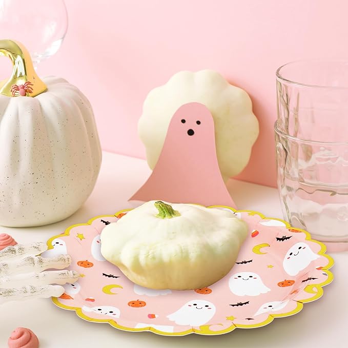 JarThenaAMCS 50Pcs Halloween Paper Plates Pink Ghost Disposable Plates 9 Inch Cute Boo Ghost Decorative Dinner Plate with Gold Foil Scalloped Edge for Trick or Treat Halloween Birthday Party Supplies