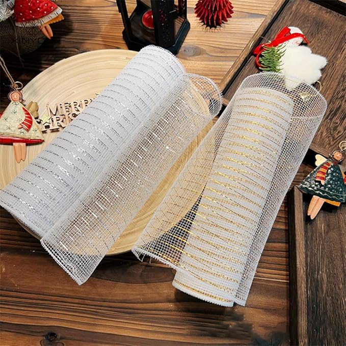 3 Rolls White Deco Mesh Ribbon for Wreath Making Supplies, 10 Inch x 30FT Metallic Foil Burlap Deco Mesh Fabric for Easter Christmas Tree New Year Wedding Wreath Swags and Decorating