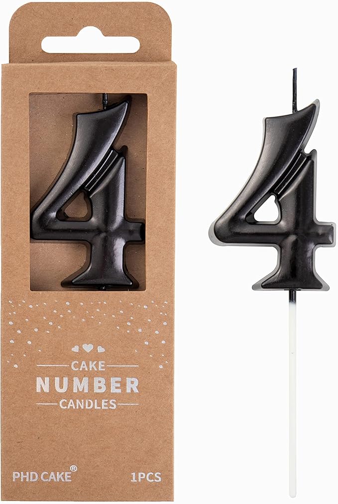 PHD Elegant Black 2.76 Inch 4 Number Birthday Candles for Party Celebration