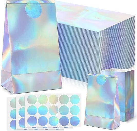 Estune 30 Pcs Iridescent Party Favor Bags with Stickers Holographic Paper Gift Bags 8. 3 x 5 x 3 Inch Reusable Glitter Foil Goodie Candy Handbag for Baby Shower Wedding Birthday Party Supplies