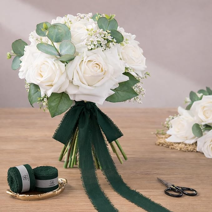 DORIS HOME Dark Green Chiffon Ribbon for Flower Bouquet, 1" x21Yd Fabric Ribbon for Gift Wrapping, Handmade Frayed Ribbon for Wedding Invitations/Christmas Decorations