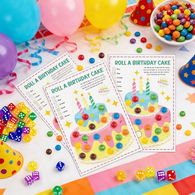 Auch Roll a Birthday Cake Dice Game Set, 30 Transparent Color Dice & 25 Game Sheets, Fun Birthday Party Activity, Icebreaker, Group Game for Birthday Celebrations, Family Gathering Party Supplies