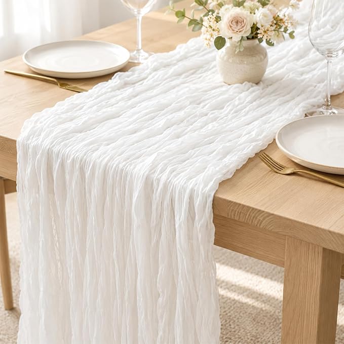 Sioloc Ivory White Cream Cheesecloth Table Runner 120'' x 35'', Spring Easter Decor Soft Gauze Boho Wedding Table Decor for 10ft Table Birthday Party, Baby Shower, Bridal Shower, Home & Event Decor
