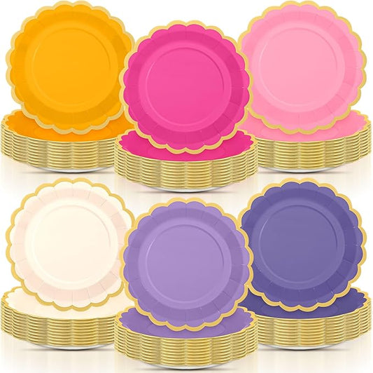 96 Pcs Pink and Purple Paper Plates 9 Inch Gradient Scalloped Paper Plates Disposable Dinner Dessert for Birthday Wedding Bridal Party Supplies, 6 Colors