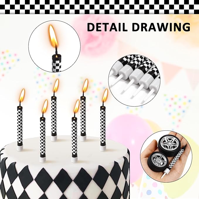 12 Pcs Racing Cars Themed Birthday Candles, Black and White Checkered Birthday Cake Candles, Racing Candle Wheel Tire for Racing Car Party Decoration Theme Party Supplies (General)