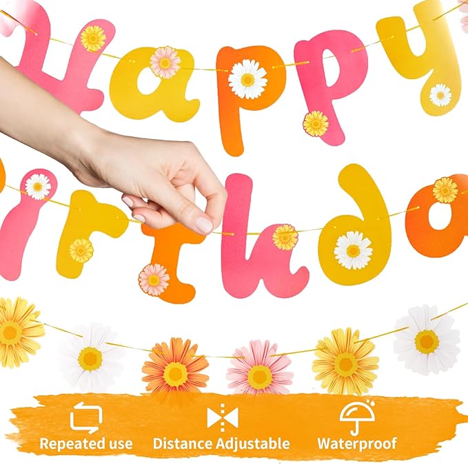 SUNBEAUTY Flower Daisy Happy Birthday Banner Groovy Party Banners Groovy Party Decorations Boho Happy Birthday Banner Daisy Retro Hippie Party Supplies Baby Shower | Pre-Strung