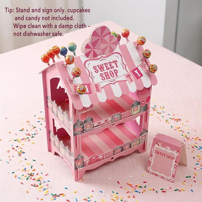 Candy Castle Cupcake Stand 2 Tier - Holds 16 Cupcakes + 12 Lollipops on Roof, Pink Dessert Display for Birthday Theme Party Decorations, Sweet Treat Holder for Cake Candy Buffet