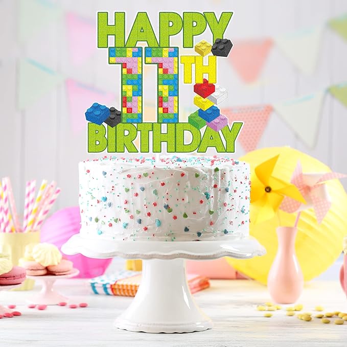 Happy 11th Birthday Building Block Cake Topper - Puzzle Games Boy's 11th Birthday Party Green Cake Topper Supplies - Building Block Party Decoration For Boy