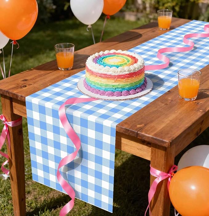 12 Pcs Light Blue and White Checkered Table Runner Plastic 14 x 108 Disposable Baby Blue Gingham Table Runner for Birthday Wedding Baby Shower Party Table Centerpiece Decorations