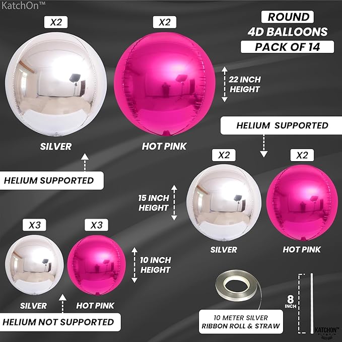 KatchOn, Hot Pink and Silver Balloons - 22 Inch Pack of 14 | Silver and Hot Pink Foil Balloons for Valentines Decorations | Galentines Day Decorations | Bridal Shower and Birthday Decoration for Women