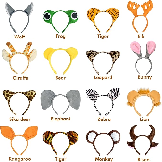 16Pcs Jungle Animal Ears Headbands as Safari Party Favors Wild One Birthday Decorations Plush Animal Headpiece for Kids Adults
