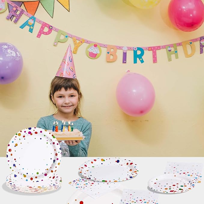 Grencian 96 Pcs Colorful Polka Dots Party Supplies Colorful Birthday Plates and Napkins Sets Confetti Bubble Plates Rainbow Dots Tableware for Birthday Baby Shower Rainbow Party Decorations Serves 24