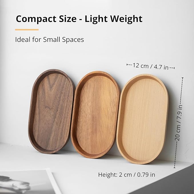 Vandroop Mini Serving Trays for Parties, Small Decorative Tray for Tea＆Coffee, Oval Wooden Plates for Serving Food for Appetizer＆Vegetables for Bathroom 7.8"×4.6" (Acacia, Set of 2)