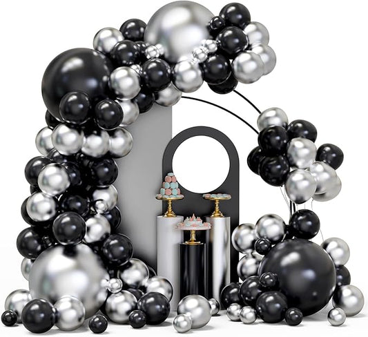 Black and Silver Balloons Arch Garland Kit, 134pcs Metallic Chrome Silver and Black Balloons with Different Size for Birthday, Graduation, Baby Shower, Disco New Years Party Party Decoration…