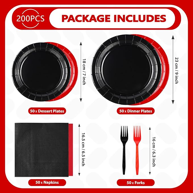200Pcs Red and Black Party Supplies Graduation Black and Red Paper Plates and Napkins Disposable Stranger Tableware Set for Congrats Grad Holiday Red Black Wedding Birthday Party Decorations Serves 50