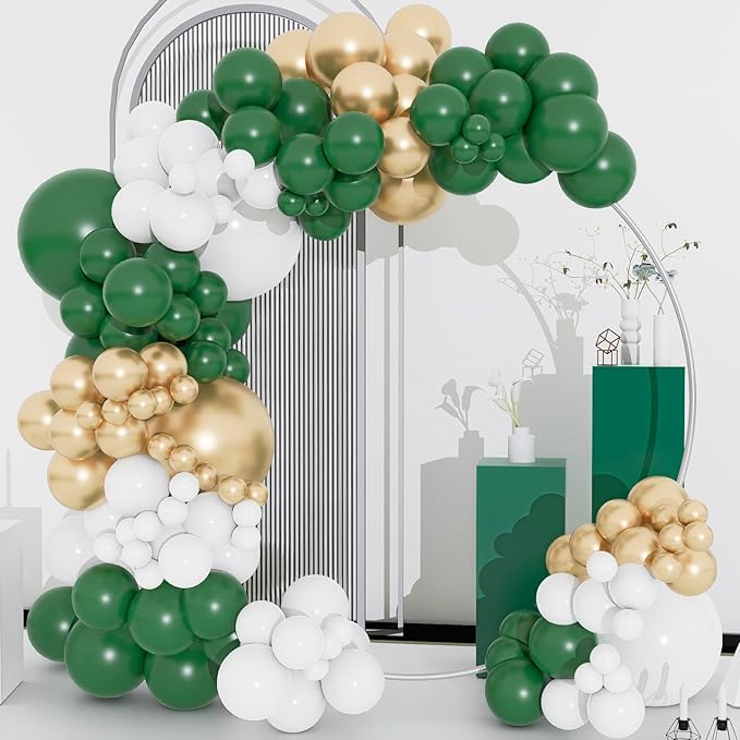 Emerald Green Gold Balloons Arch Garland Kit, 134pcs Dark Green,White,Chrome Gold Balloons for Birthday Baby Shower Wedding Anniversary Jungle Safari Wild One Animal Party Decorations