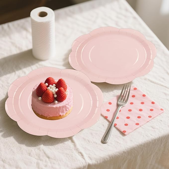 50 Pack Pink Paper Plates 7 Inch, Disposable Scalloped Plates Cake Dessert Plate for Dinner Baby Shower Wedding Bridal Shower Birthday Party Supplies (Pink, 7 inch)