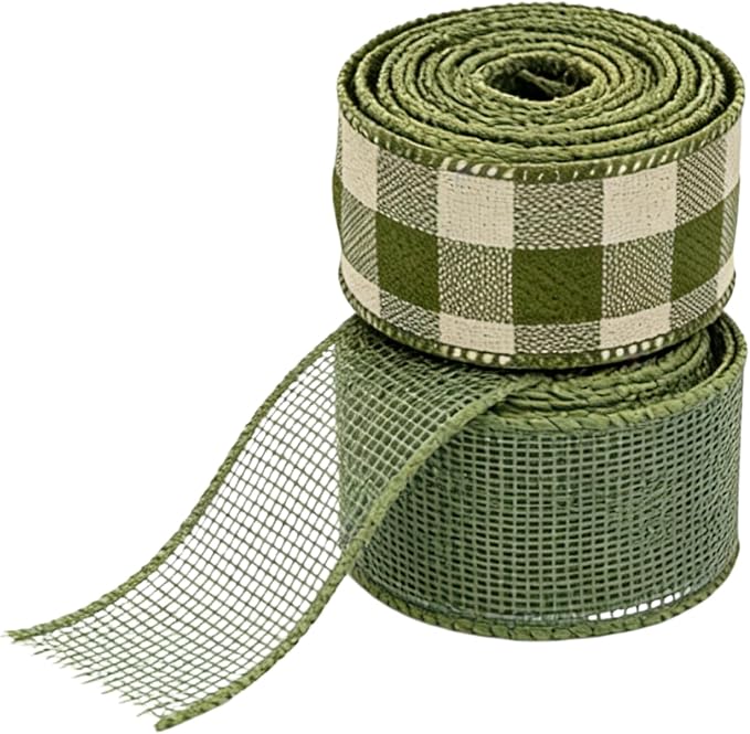Meseey 1.5 Inch Green Burlap Wired Ribbon Set, 2 Rolls Total 10 Yards Solid Sage Green & Green White Buffalo Check Wired Edge Ribbons for Gift Wrapping, Wreaths, Crafts, Farmhouse Home Decorations