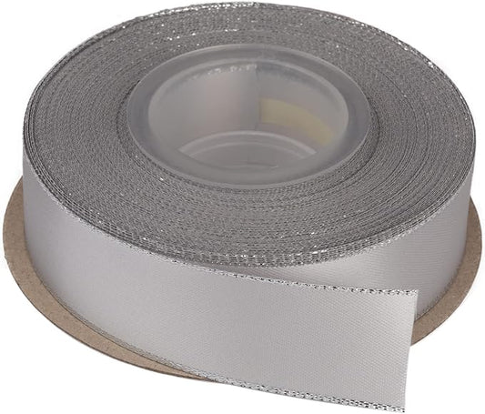 1" Double Face Satin Ribbon with Silver Edge 25 Yards (007-Shell Grey), Perfect for Gift Wrapping, Party Decor, Wedding and Craft