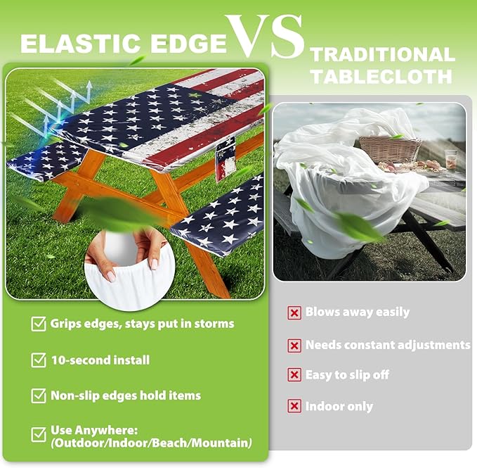 Fitted Picnic Table Cover with Bench Covers Waterproof Elastic Edges Rectangle Patio Tablecloth Outdoor Camping Essentials Stuff Rv Accessories Summer Trip Travel Camper Gifts for Woman Men, 72in 6 ft