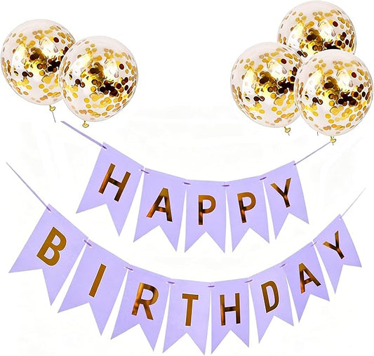Happy Birthday Banner Sign Bunting Hanging Decorations with Shiny Gold Balloons Birthday Party Sign Decor for Party Supplies(Purple)