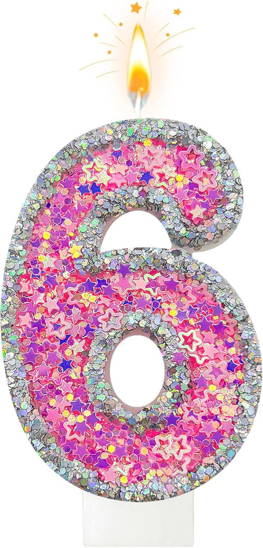 Number 6 Birthday Candle for Cake – Silver Glitter Edge with Pink Star Confetti – Decorative Number Cake Topper for Anniversary & Celebration Party Decor