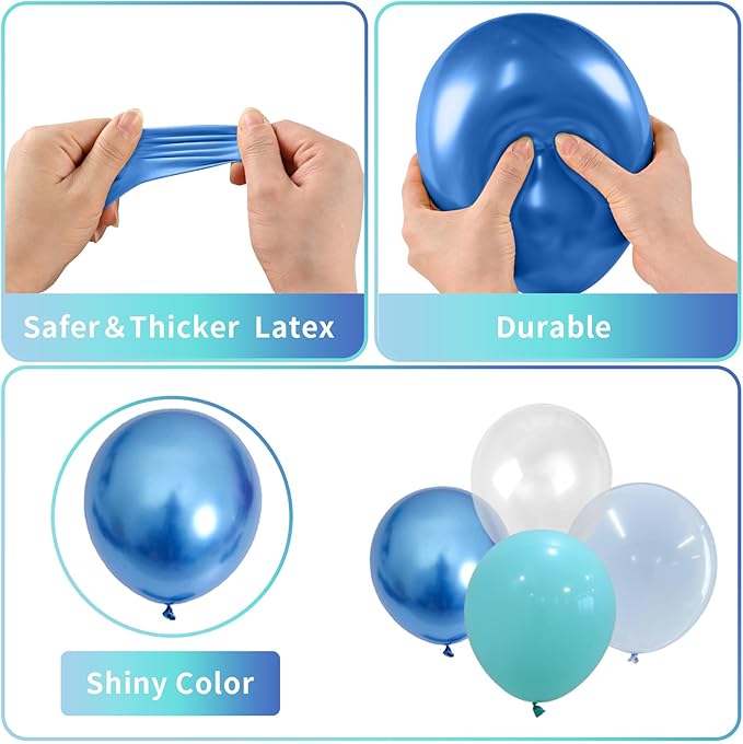 Teal Blue Balloons, 60 PCS Turquoise Blue Balloons with Transparent Metallic Blue Balloon, Pastel Baby Blue Pearl Teal Balloon for Ocean Shark Sea Beach Mermaid Theme Party Decorations