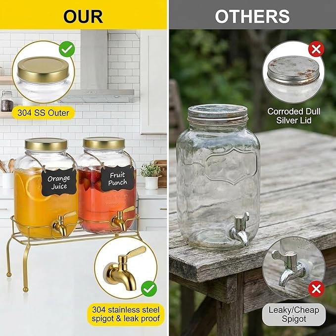 1 Gallon Glass Drink Dispenser Set of 2 – Drink Dispensers for Parties, Beverage Dispenser with Stand & 100% Leakproof Spigot, Ideal for Lemonade, Juice, Laundry Detergent Dispenser