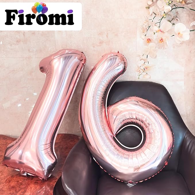 FIROMI 16 Foil Number Balloons Rose Gold 40-inch Big Giant Jumbo Mylar 16 or 61 Balloon Numbers for 16th Birthday Party Anniversary Decorations