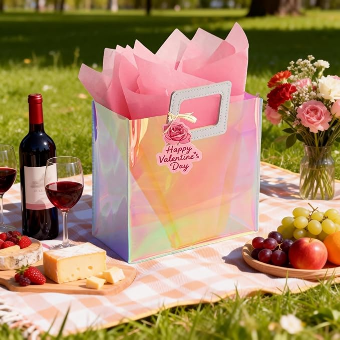 VUOJUR 11'' Medium Valentines Day Gift Bag for Women Girl Reusable Holographic Valentine Bag