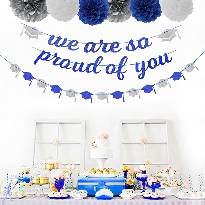 Navy-Blue White-Silver Party-Decoration Graduation Banner - 8pcs Kits Cap Garland Streamers, Paper Tissue Pom Poms Flowers,We are So Proud of You Congratulations Grad 2026 Decor Lasting Surprise
