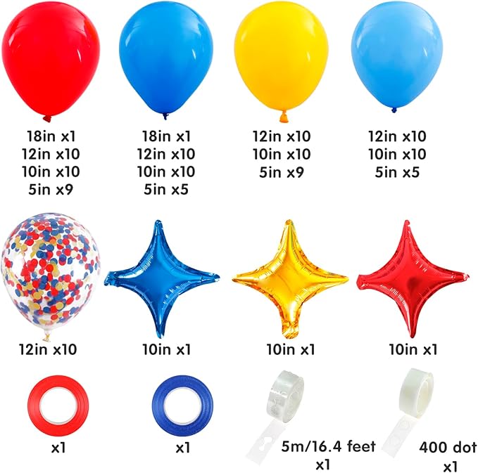 RUBFAC Carnival Circus Theme Party Decorations, Primary Color Balloon Arch Kit, 120pcs Red Blue Yellow Party Balloons Rainbow Confetti and Star Foil Balloons for Birthday Carnival Theme Decorations