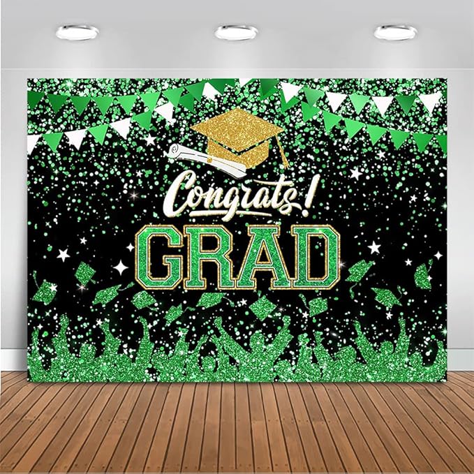 Mocsicka Graduation Party Decorations 2026 Congrats Grad Backdrops for Photography Bachelor Cap Congratulations Grad Photo Backdrop Graduation Prom Party Supplie (Green, 7x5ft (82x60 inch))