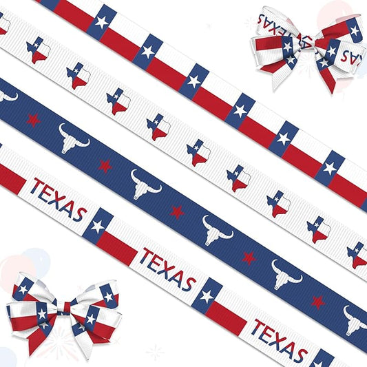 4 PCS Texas Ribbons for Crafting, 3/8" Width Red Blue Stripes Stars Ribbon TX Map Craft Ribbons for Gift Wrapping DIY Sports Birthday Decorations-10 Yards