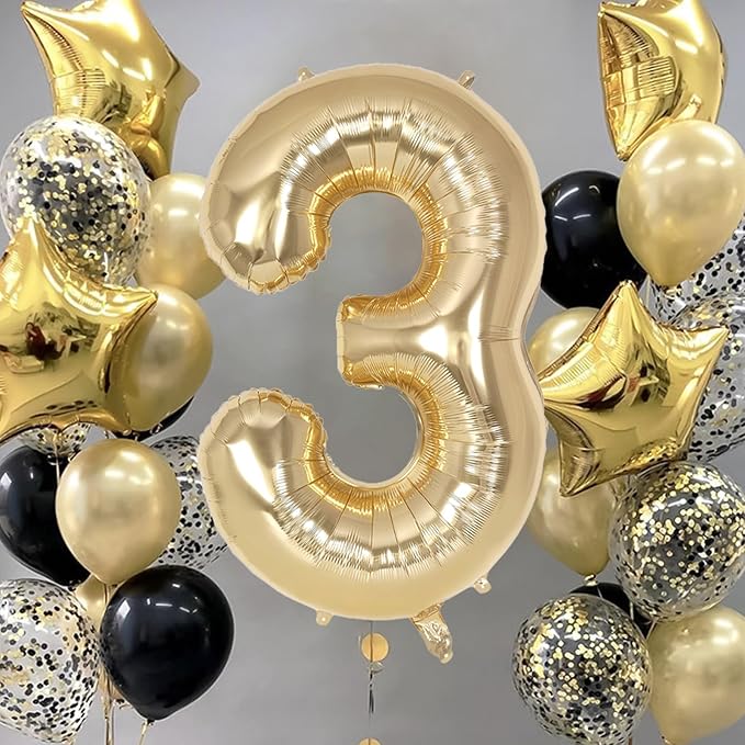 Champagne Gold Large Number 3 Balloon, 40 Inch Light Gold Foil Helium Number Balloons, Giant Mylar Number 3 Balloons for 3 Years Old Birthday Party Anniversary Decorations