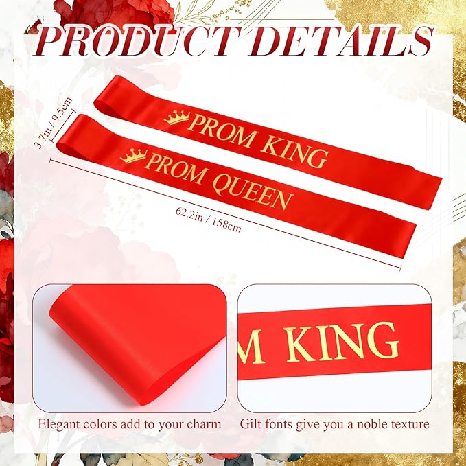 Ferreve 4 Pcs Prom King and Queen Crowns and Sashes Set Prom King and Queen Tiara Sash for Graduation Homecoming Costume Wedding Birthday (Red)
