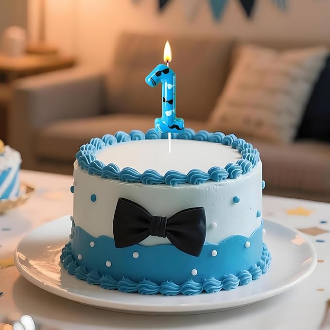 Number 1 Birthday Candle for Cake – Blue Gentleman Style with Sunglasses, Bow Tie & Mustache Design – Cool Cake Topper for Birthday Party Decoration