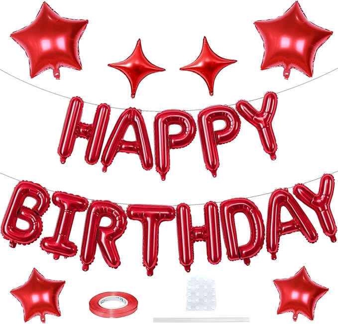 Red Happy Birthday Balloon Banner, 16 Inch Mylar Foil Letter Balloons, Reusable Birthday Decorations with Red Star Foil Balloons, Inflatable Party Supplies for Women Girls Decorations